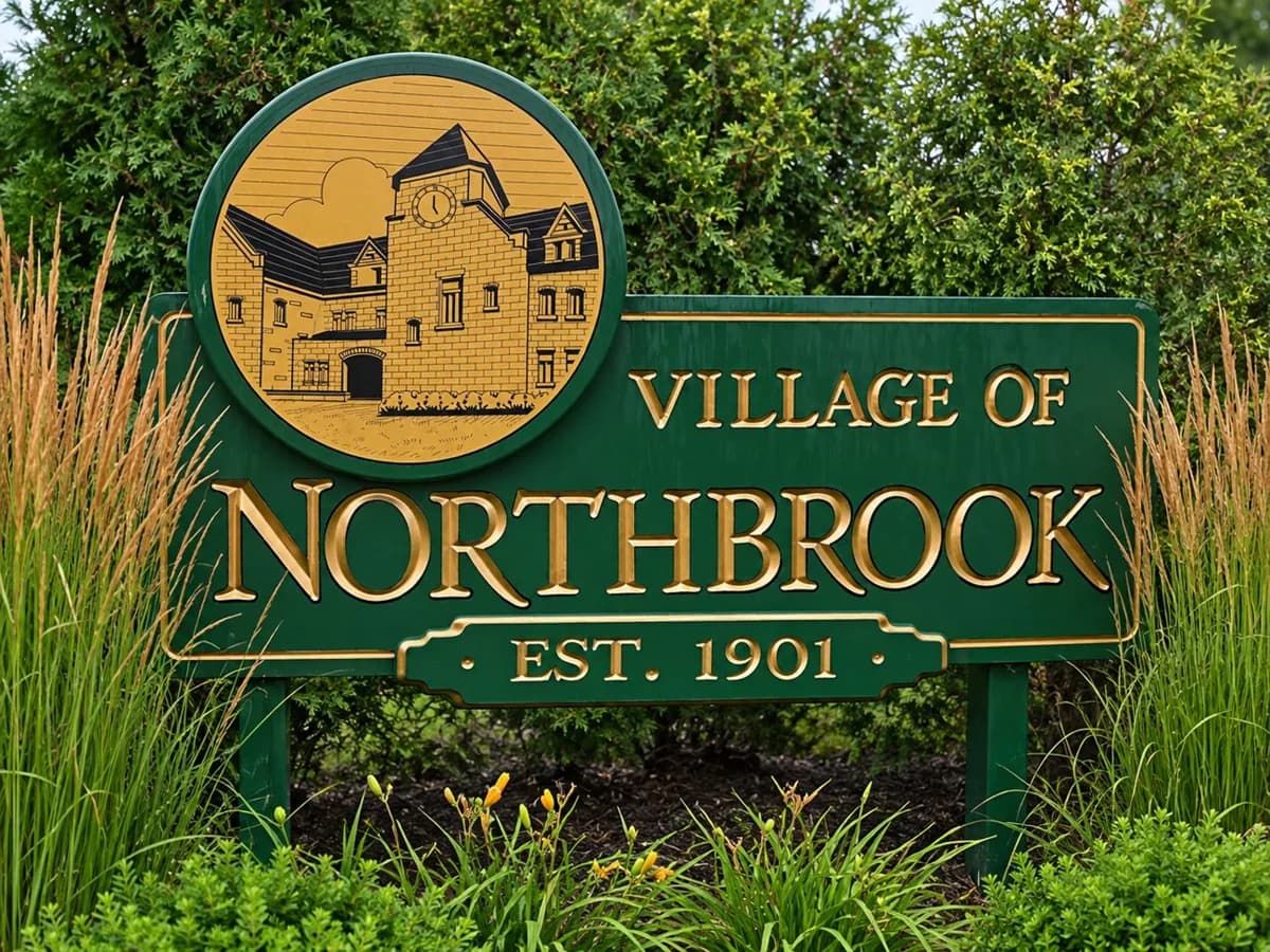 Historic Village of Northbrook entrance sign in a landscaped garden